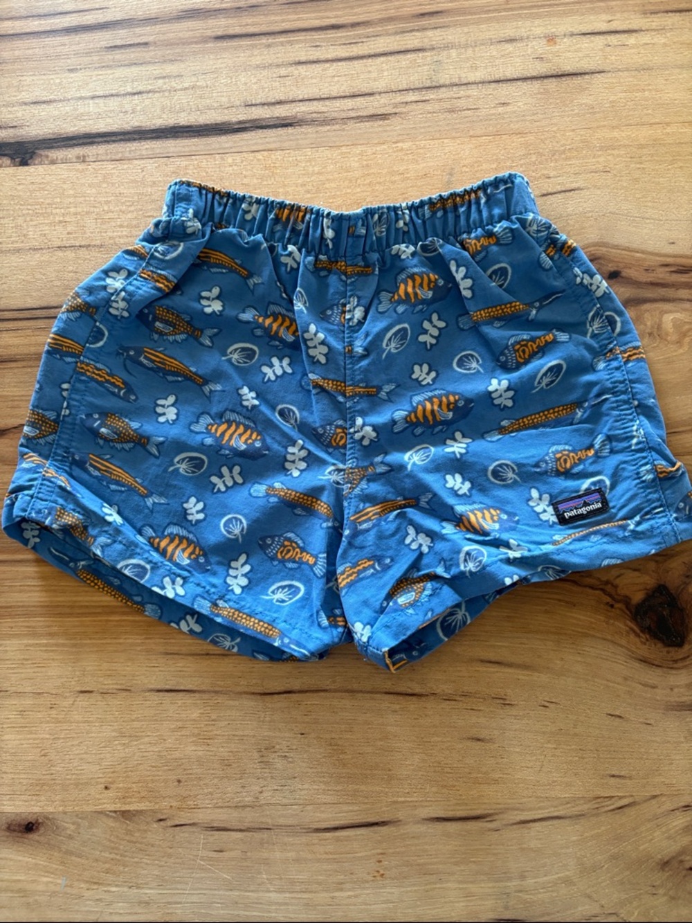 Patagonia Blue and Orange Baby Baggies Fish-Print Shorts